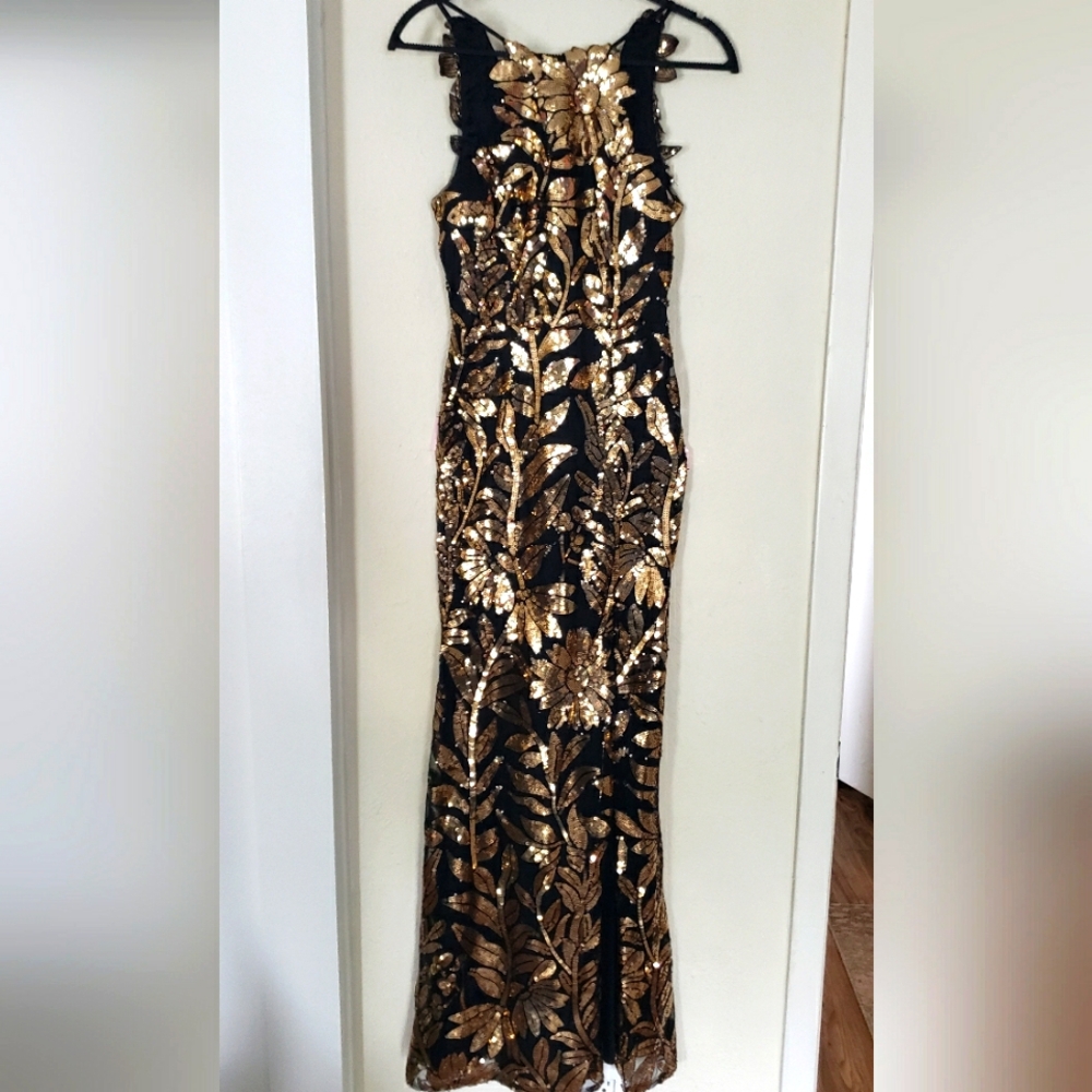 Galina Signature Elegant Black and Gold Evening Gown